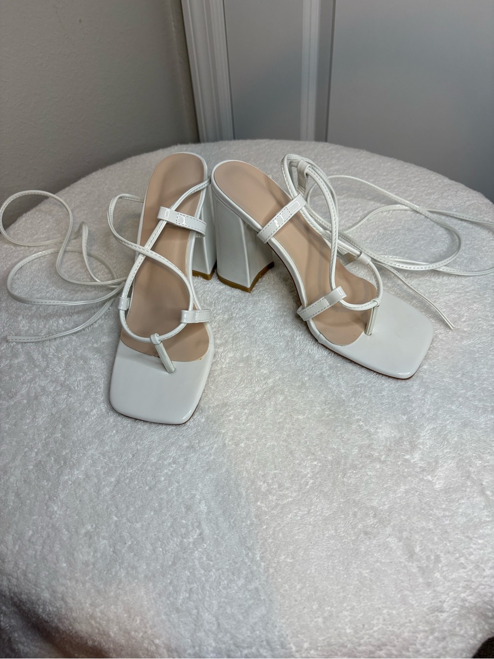 White Strappy Block Heel Sandals with Square Toe